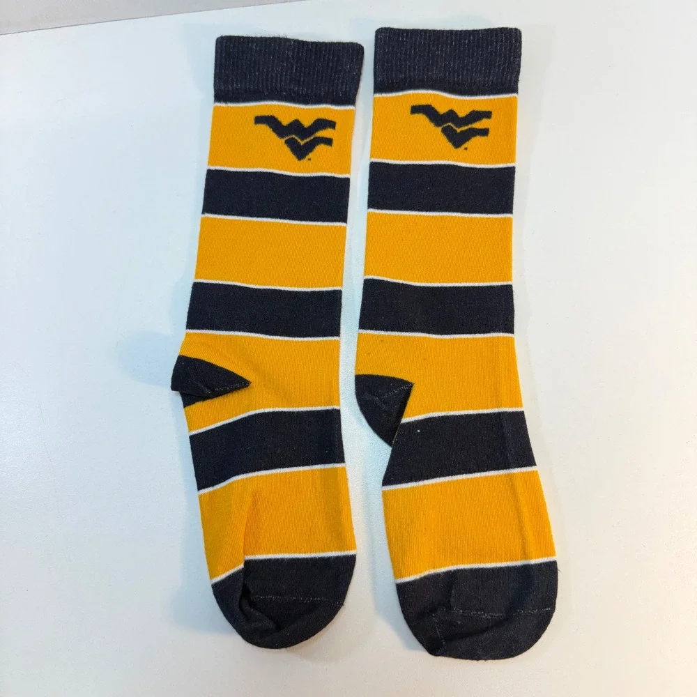 West Virginia University Crew Socks Adult OSFM Gold Navy Blue Striped WVU Logo